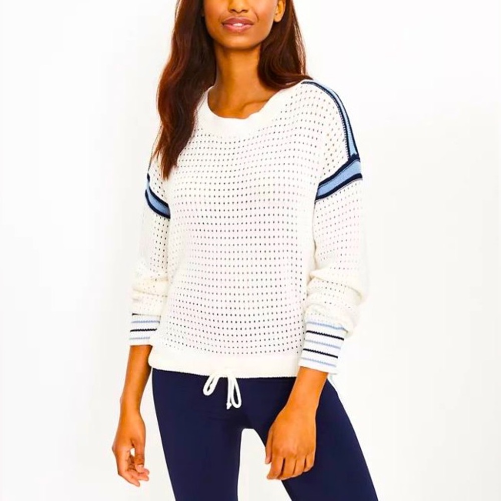 Lou & Grey LOFT Sporty Pointelle Knit Drawstring Waist Cream Teal Stripes XL